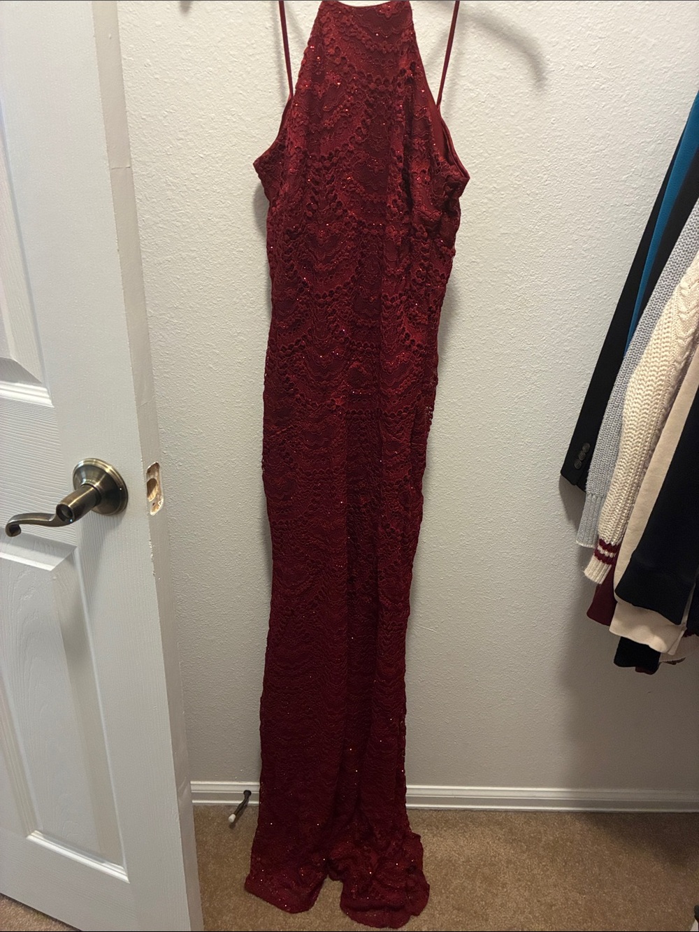 Trixxi Wine Red glitter Lace Halter Maxi Dress